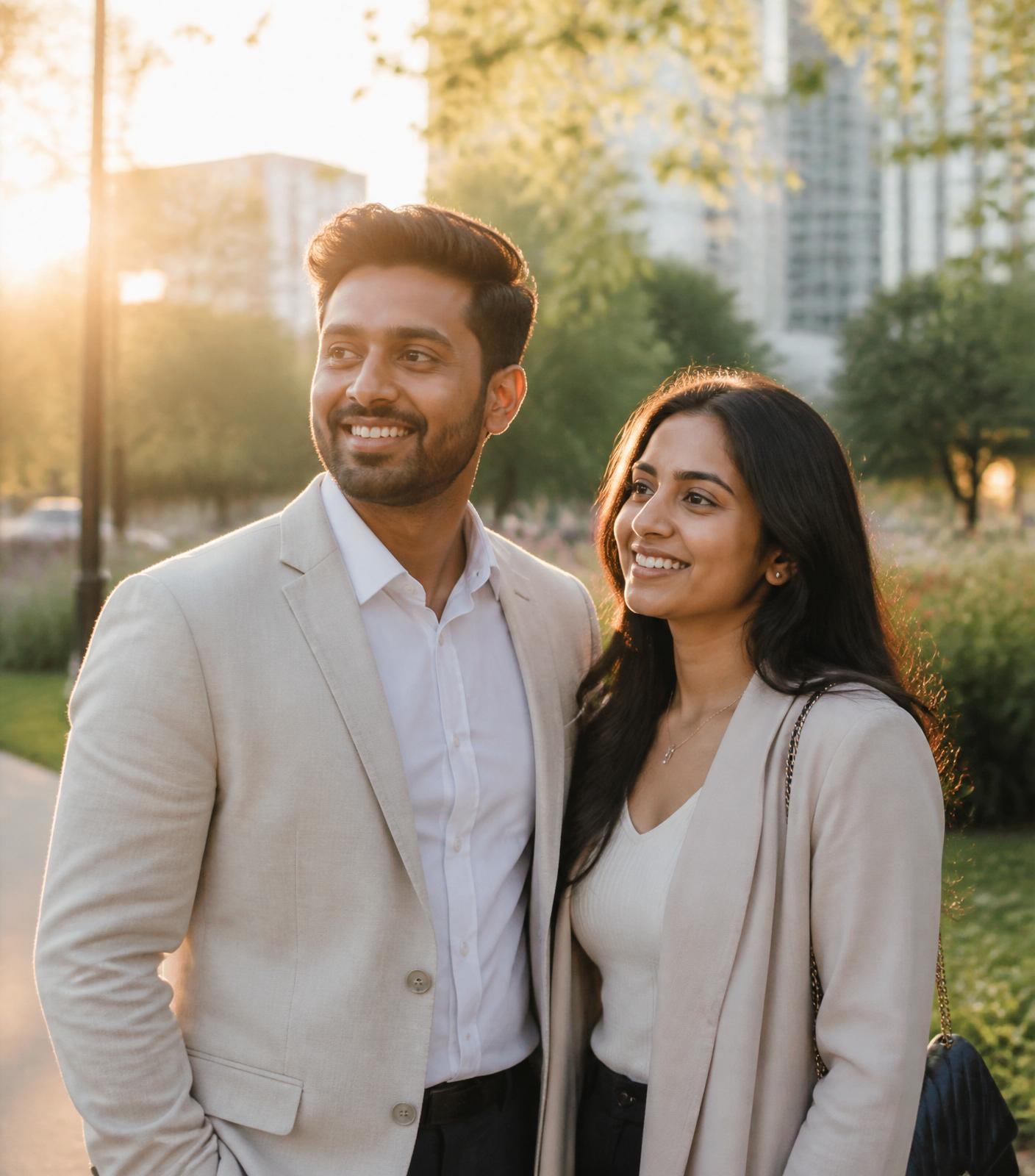 Two Indian professionals smiling together in warm sunset light